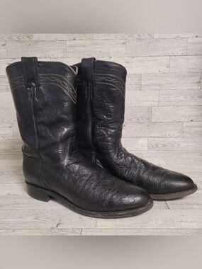 Justin Western Exotic Black Semi Quill Ostrich Leather Cowboy Boots Men's 8 EE